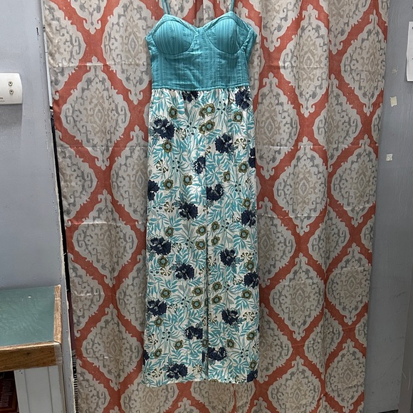 Elegant Strapless Floral Jumpsuit - Teal and White - Picture 1 of 8